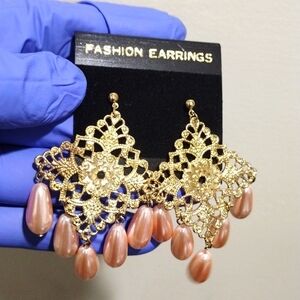 Women's Gold-tone Diamond Shape Filigree Design Beaded Drop Dangle Earrings, #6